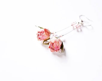 English garden rose jewelry, Boho Dangle rose earrings, Shabby dangle gift, Pink rose dangle, lovely floral jewelry, women gift Bohemian