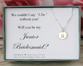 Will you be my Junior Bridesmaid invite 925 sterling silver initial necklace personalized gift for Jr Bridesmaid jewelry Bridesmaids' gifts