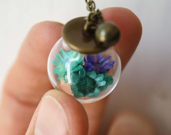 Necklace with turquoise and blue-spring necklace real flowers-PE2017