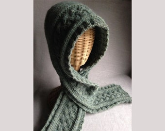 Alpaca Hooded Scarf - Hand-knit - with Celtic Cables - Seafoam Green