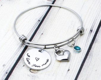 I love you more Bracelet - I Love you more Jewelry - Mother Daughter Jewelry - Mommy Daughter Bracelet - Hand Stamped Jewelry - Heart Bangle