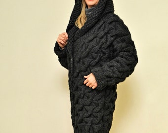 To ORDER Hooded Chunky Wool Coat Cable Knit Thick Cardigan Hand Knitted by Tangles Creations