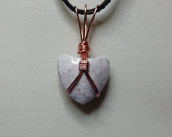 Heart Pendant/FREE SHIPPING/ Dakota Red Granite Style Heart/ Copper Wire Wrap/ Soft Deerskin Lace cord/