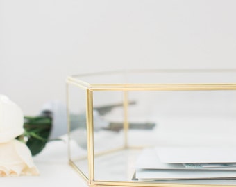Wedding Card Box - Geometric Glass Card Box - Wedding Decorations - Large Keepsake Box - Gold Glass Card Box - Gold Card Box - Gem Glass Box
