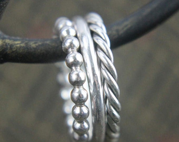 Stackable Sterling Silver Ring, Thin Simple Round Band, Twisted Ring, or Bead Band Gift for Him or Her, Size 4 to 15, Mens or Ladies Jewelry