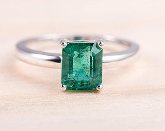 Emerald Cut Engagement Ring White Gold Emerald Solitaire Minimalist May Birthstone Dainty Unique Bridal Set Simple Anniversary Gift for Her