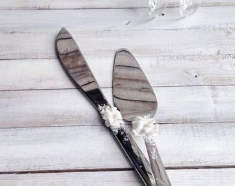 Wedding Cake Cutting Set, decorated jasmine flowers, handcrafted, swarovski crystal, cake cutting knife, wedding accessory