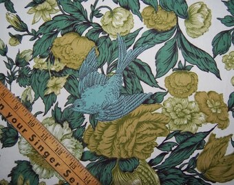 Vintage MCM fabric drapery cutter upholstery fabric blue green foliage and bird upholstery cutter fabric