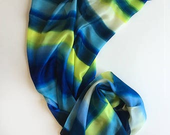 Silk scarf- Blue Yellow Stripes Hand painted silk shawl, Summer fashion, Bridal shawl painted, Luxury silk scarf, Lightweight scarf gift mom