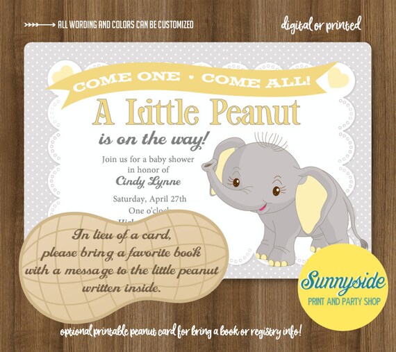 Little Peanut Baby Shower Invitation Printable Elephant Gray Yellow 