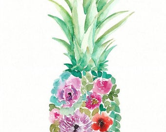 Watercolor Flower Pineapple, original art, 11x14, watercolor flowers, floral painting, pineapple art, home decor, tropical painting, purple