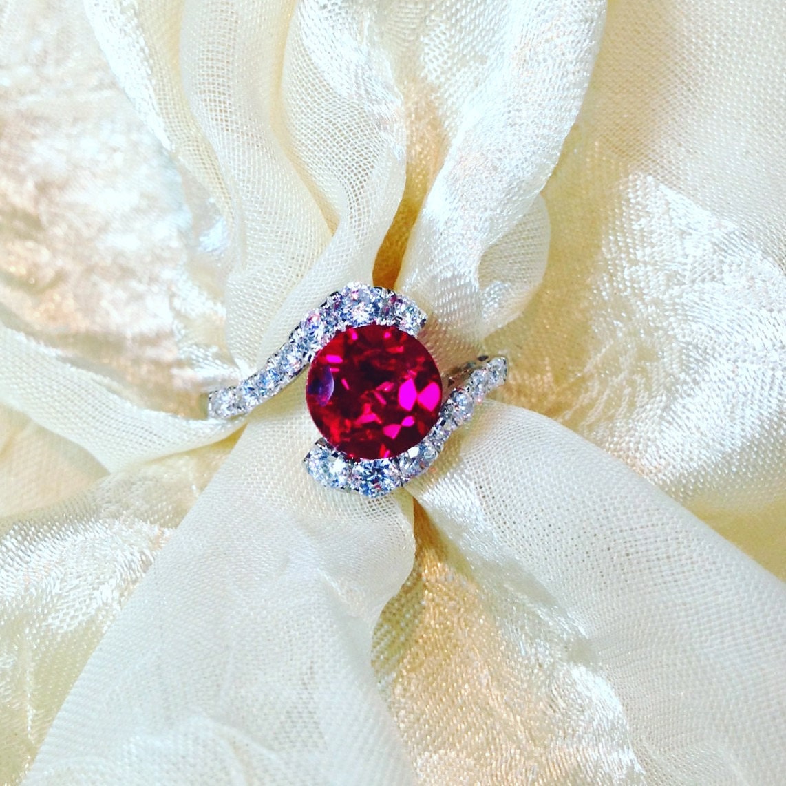 As Seen in VOGUE Ruby Ring / Engagement Ring w/White Topaz in