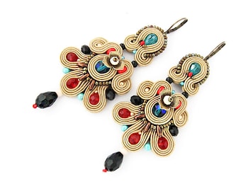 Long brown soutache earrings, bohemian colorful dangle earrings, large chandelier earrings, statement soutache earrings