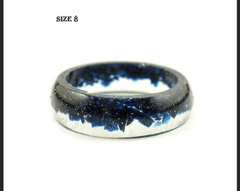 Blue sunstone resin ring, gemstone jewelry, sunstone flakes, ecological resin ring, unique piece, dark blue ring, sparkle ring, 15 off ship