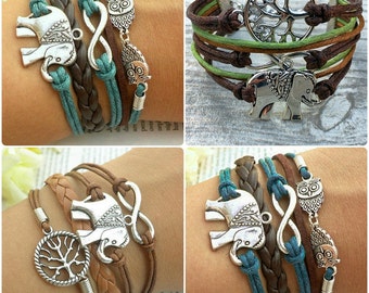 Elephant Bracelet, 4 Charm Bracelets Featuring Elephants and Infinity Charm, Animal Jewelry, Elephant Jewellery, Infinity Braclet