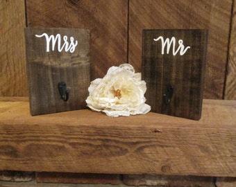 Rustic key hanger, rustic bathroom decor, mr and mrs hangers, key hook, rustic home decor, his and hers hooks, mr and mrs hooks, towel hook