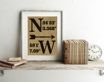 Coordinates Sign - Latitude Longitude Print - Coordinates Print - GPS Coordinates Sign - Custom Coordinates - Housewarming Print - Burlap