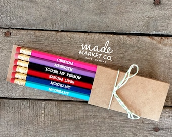 Grey's Anatomy Pencil Set, Meredith Cristina, Foiled Engraved Pencils, Christmas Gift, Stocking Stuffer, McDreamy McSteamy Office Supplies.