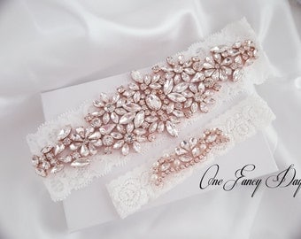 Wedding Garter Set, Bridal Garter set, Lace Garter set, Silver Crystal Garter, Rose Gold Bridal Garter