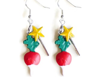 Radish and Wand Luna's Dirigible Magic Earrings, 925 Sterling Silver Wires Red and White Radish Earrings Magic Wand Luna Lovegood Earrings