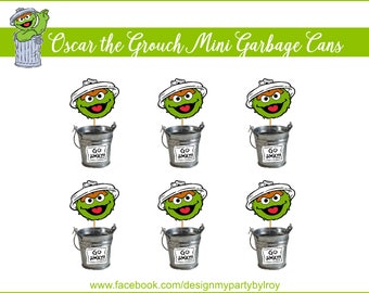 6 MINI OSCAR THE Grouch Trash Cans,Oscar the Grouch Party Decor,Sesame Street Party Printable, Mini Metal Buckets, Mini Trash Cans,Favors.