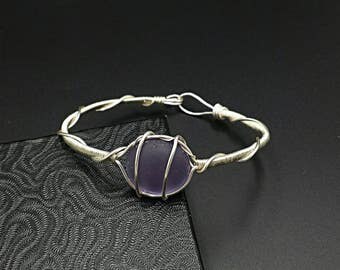 Beach glass bangle bracelet, purple sea glass, beach sea glass jewelry, wire wrapped, wire wrap, wire jewelry, boho jewelry, silver bracelet
