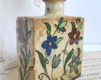 Antique Persian Floral Polychrome Bottle & Stopper Rustic Ceramic Tea Flask Primitive Middle Eastern Qadjar 18 Century