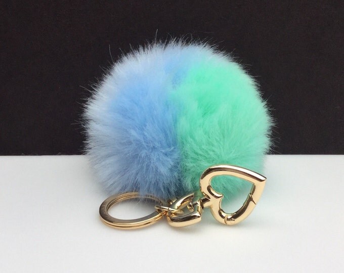 Faux Duo Light Blue Mint Fur Pom Pom bag Keyring keychain pom pom fake fur ball