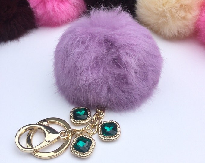 DIY Make Your Own Lavender Real Genuine Rabbit fur pom pom keychain puff ball charm keyring