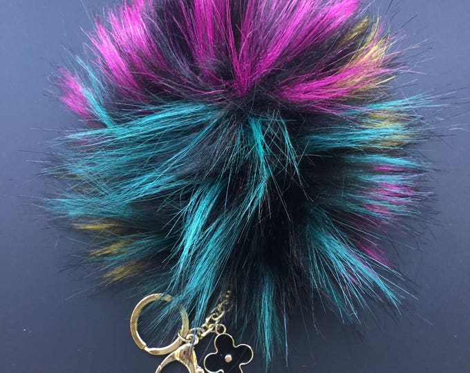 NEW! Faux Fox multicolor Fur Pom Pom bag Keyring Hot Couture Novelty keychain pom pom fake fur puff keyring