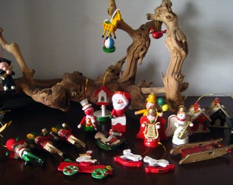 23 Wooden Painted Christmas Ornaments – Santa, Clowns, Angels and More