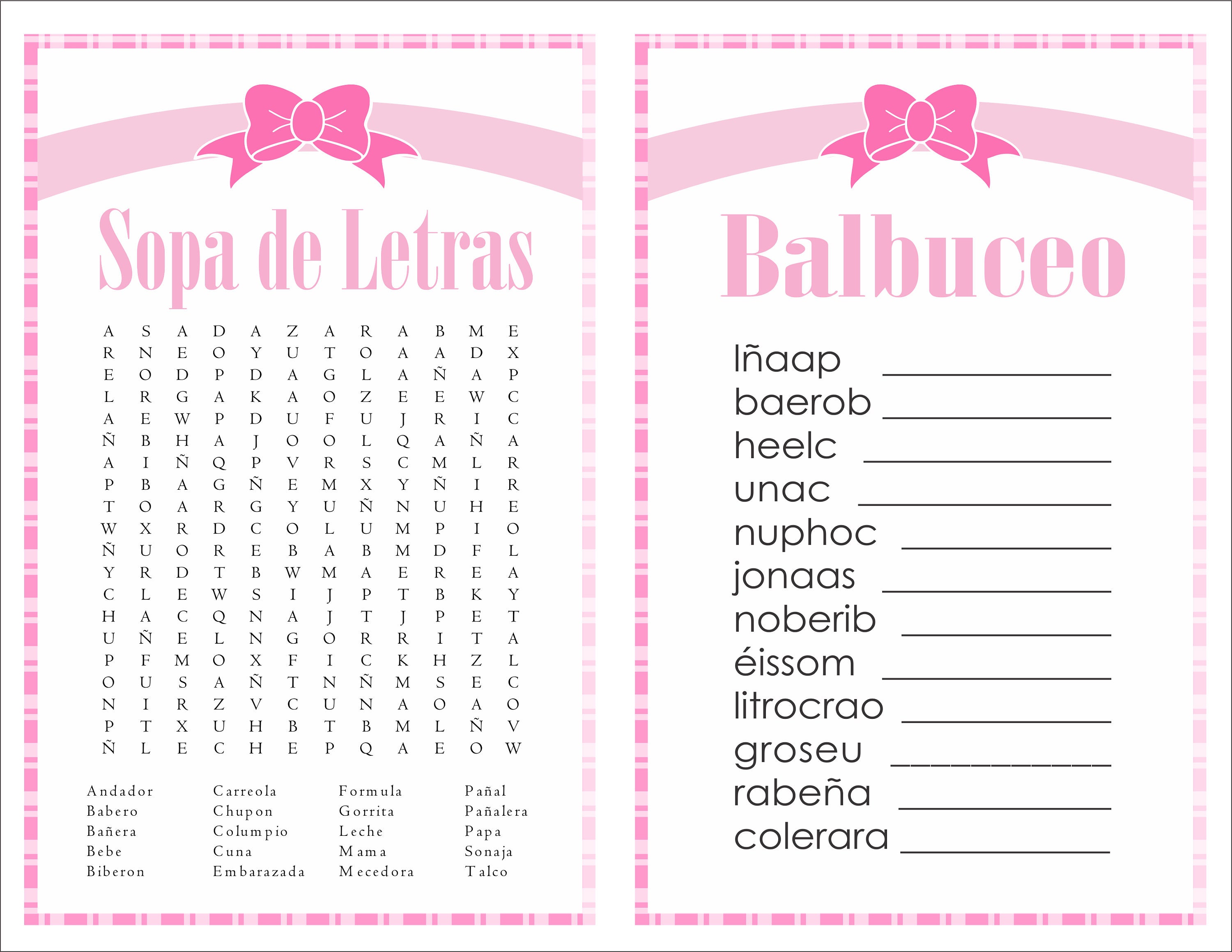 2 In 1 Games Sopa De Letras And Balbuceo Baby Shower Pink