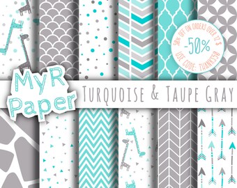 Giraffe digital paper: "Turquoise & Taupe Gray" giraffes pack of backgrounds with papers - perfect for Baby Shower