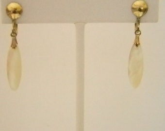 Gold Tone Screw Back Earrings with Tear Drop Mother of Pearl Look Dangle