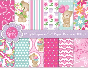Bear Digital papers,Mother's Day Digital Paper,Birthday Digital Paper,Flower Paper,Butterfly Paper,Heart Paper,Scrapbook Papers,Commercial