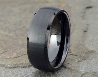 Black Brushed Tungsten Wedding Band, Mens Wedding Band, Domed Mens Ring, Polished Beveled Edge, Mens Tungsten Ring, Anniversary, 8mm band