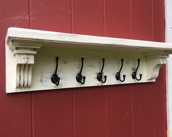 Architectural Coat Rack with metal hooks distressed /made to order/ antique wall shelf/coat rack shelf/shelf with hooks/hallway shelf