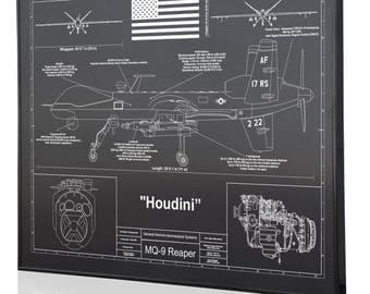 General Atomics MQ-9 Reaper Personalized Laser Engraved Blueprint Warbird Artwork. Artwork for aviation enthusiasts. Perfect Pilots Gift!