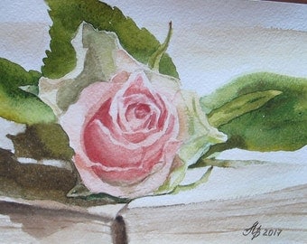 Original watercolor paintings, Rosebud on the book, Handmade 6"x 8" (15x20 cm), flowers, painting, picture