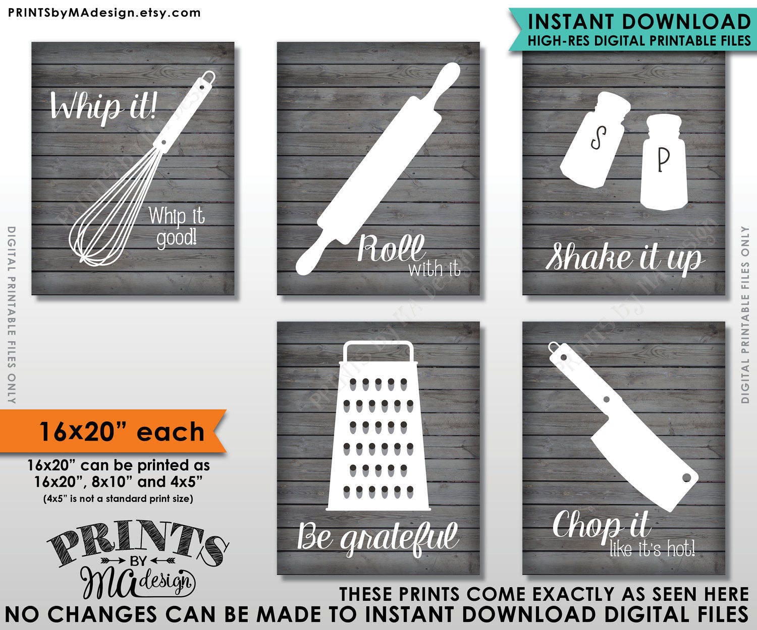 Funny Kitchen Signs, Kitchen Decor Utensil Art, Whip It Grateful Roll Chop Shake, Five 16x20 ...