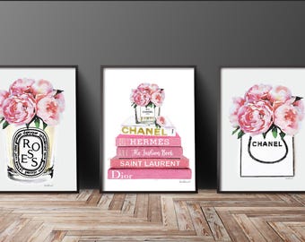 Pale Pink Set of 3 fashion posters perfume, books, flowers, Watercolor Peony Gold watercolour Fashion decor fashion illustration above bed