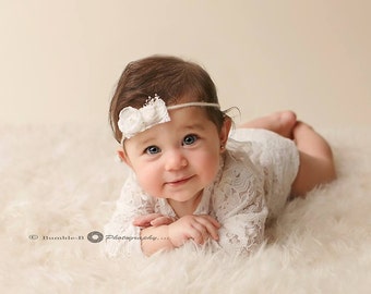 Sitter Romper Set, Vintage, Newborn Lace Romper, Tieback Set, Delicate, Baby girl photo prop, Photo Prop, White, Organic, Lace