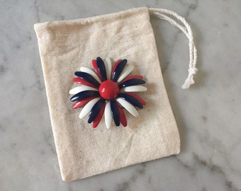 1960's enamel flower brooch. Enamel brooch. Flower pin. Red white and blue brooch. 4th of July pin. Patriotic brooch. Enamel pin