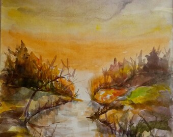 Watercolor painting, sunset over river, original