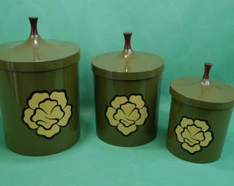 Vintage 3 pc. Hard Plastic Avocado Green Nesting Canister Set Round Wooden Knob Yellow Flower