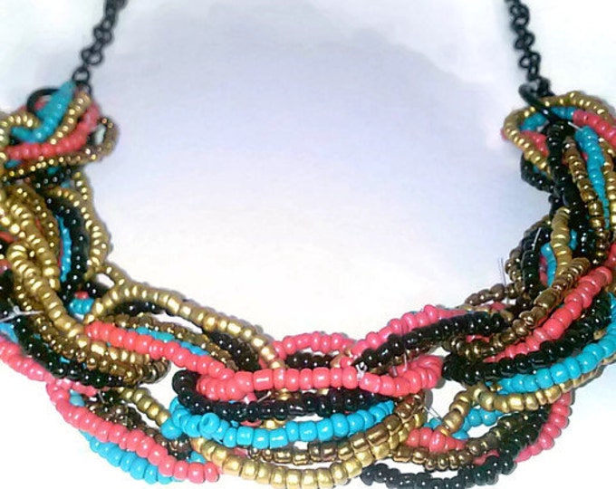 Black Beaded Necklace Set, Cluster Necklace, Chain Link Necklace, Statement Piece, Jamaica Style Set,Black,Red,Blue,Gold,Custom Made, Jewels