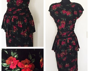 Vintage 80's Floral Peplum Wiggle Dress, Vintage Peplum Wiggle Dress, Vintage 40's Style Peplum Dress, 1940's Reproduction dress, Size: S