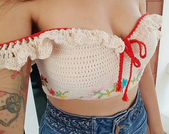 Mexicola crochet crop top/ Bardot top/ Festival top/ Off the shoulder top/ Crochet bralette/ Floral embroidery/ Summer crop