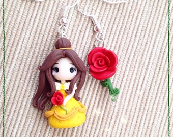 Fimo Polymer Clay Earrings earrings Kawaii Cute Chibi Belle Disney Princess Pink Rose Beautiful Handmade tiny Princess Gift Beast Beauty