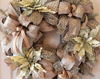 Ivory and Champagne Gold Glitter Poinsettia Christmas Wreath; Christmas Decor; Holiday Decor Wreath Handmade Wreath; Vintage Christmas Decor